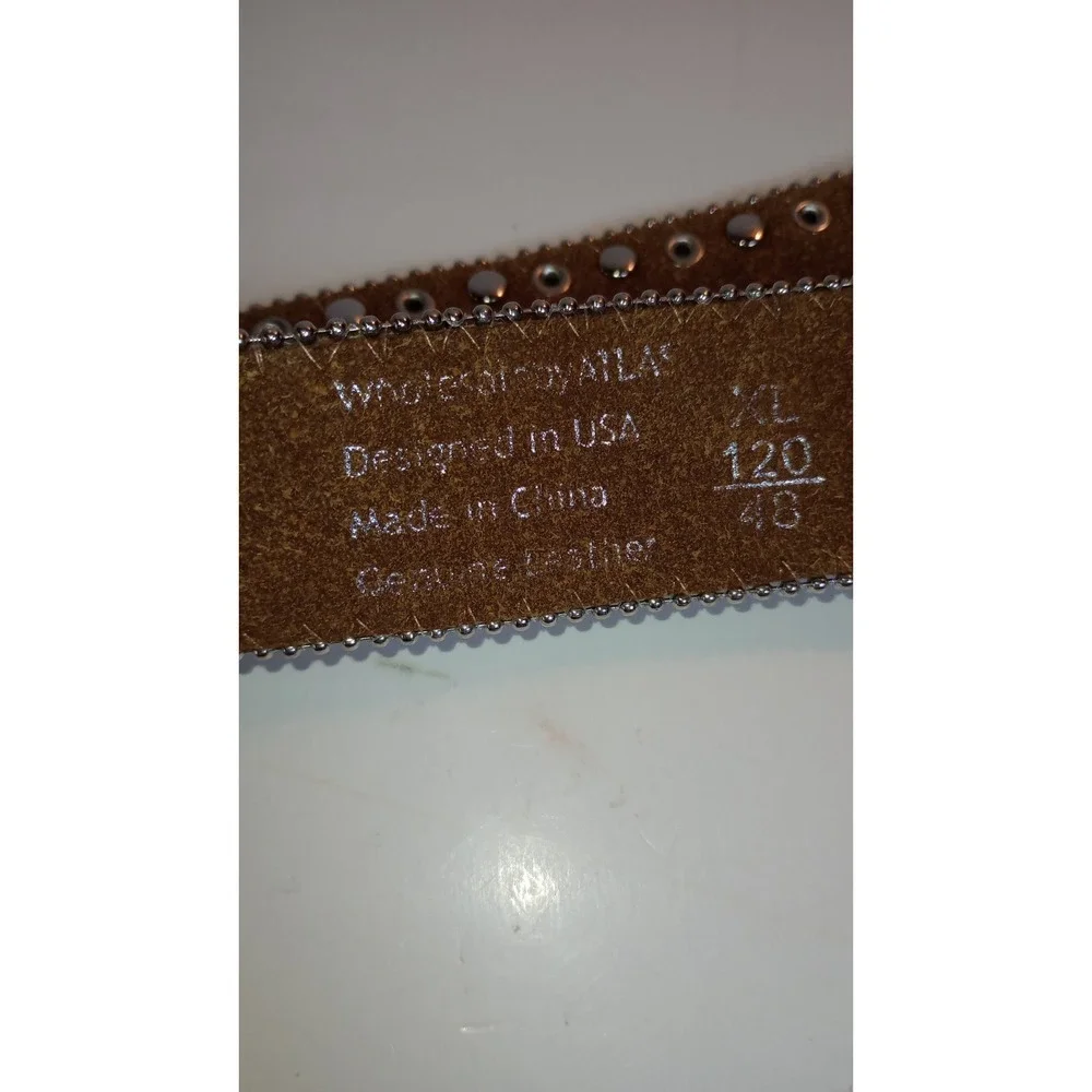 WB Atlas Brown Leather Blue Crystal Jeweled Western Belt Silver Buckle XL 48